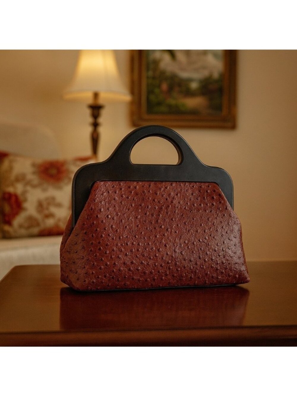 Laurie's Collection Handmade Ostrich Texture Leather Handbag Brown Purse Women